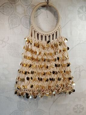Beige Macramé Hobo Bag with Gold Sequin Accents